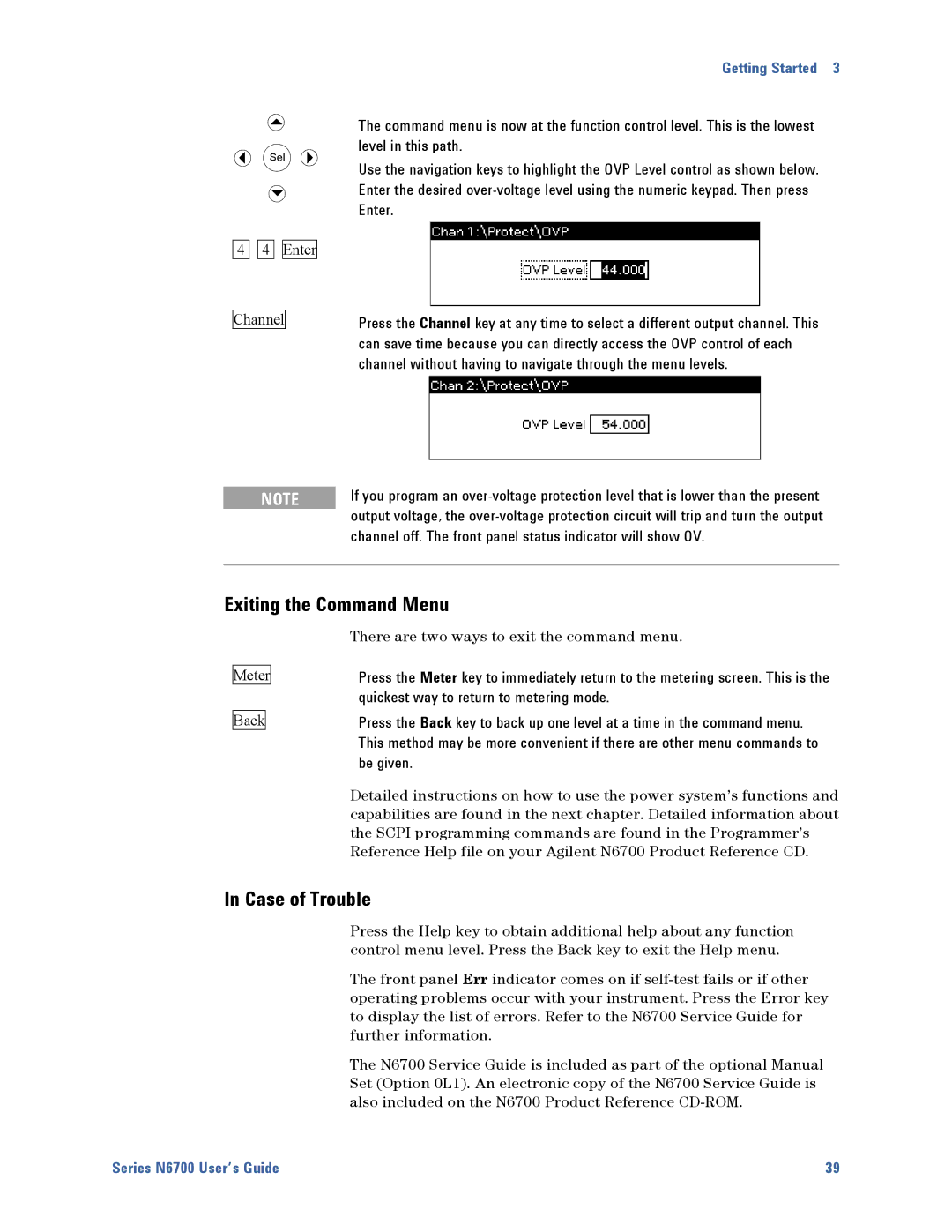 Agilent Technologies N6700 manual Exiting the Command Menu, Case of Trouble, Enter Channel 