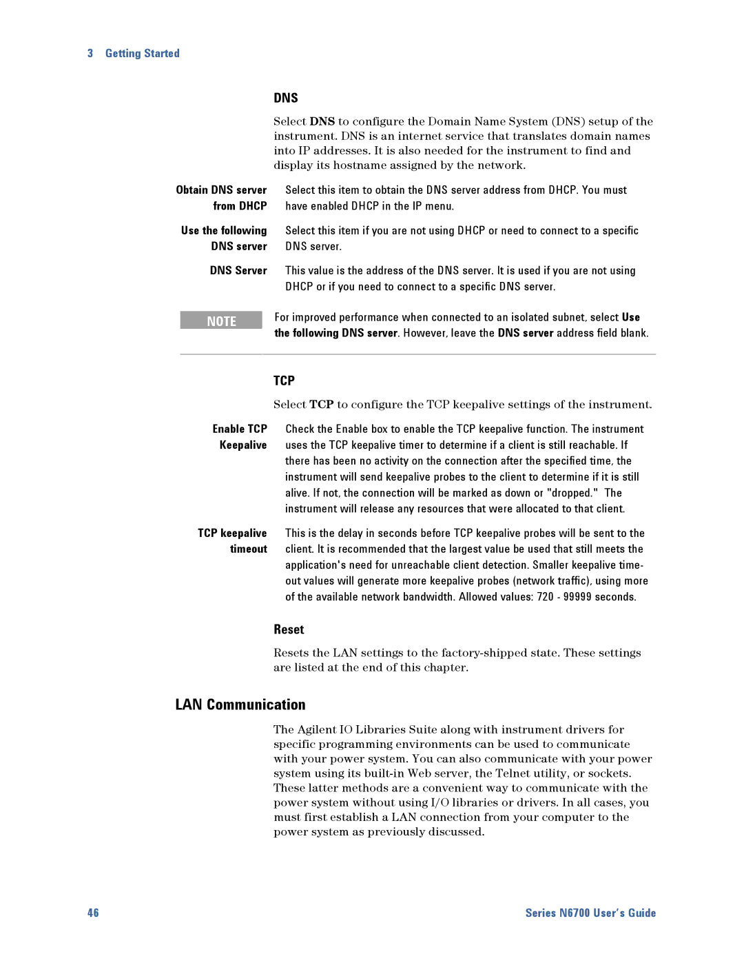 Agilent Technologies N6700 manual LAN Communication, Reset 