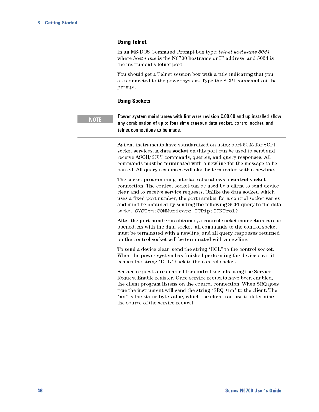 Agilent Technologies N6700 manual Using Telnet, Using Sockets, Telnet connections to be made 