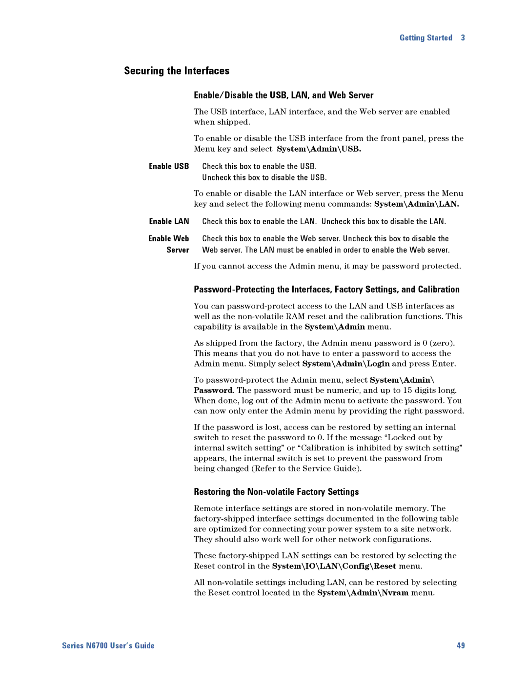 Agilent Technologies N6700 manual Securing the Interfaces, Enable/Disable the USB, LAN, and Web Server 