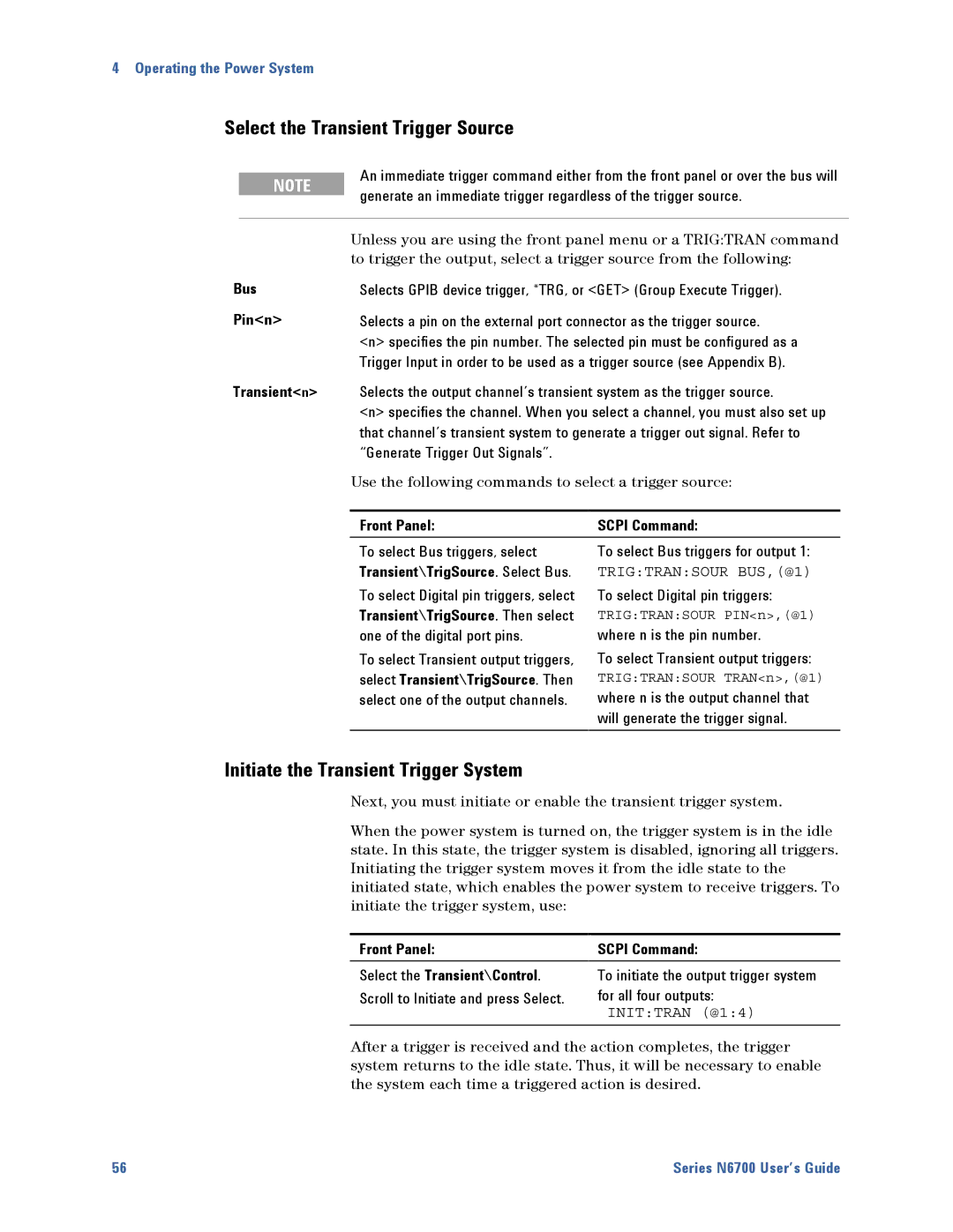 Agilent Technologies N6700 manual Select the Transient Trigger Source, Initiate the Transient Trigger System 