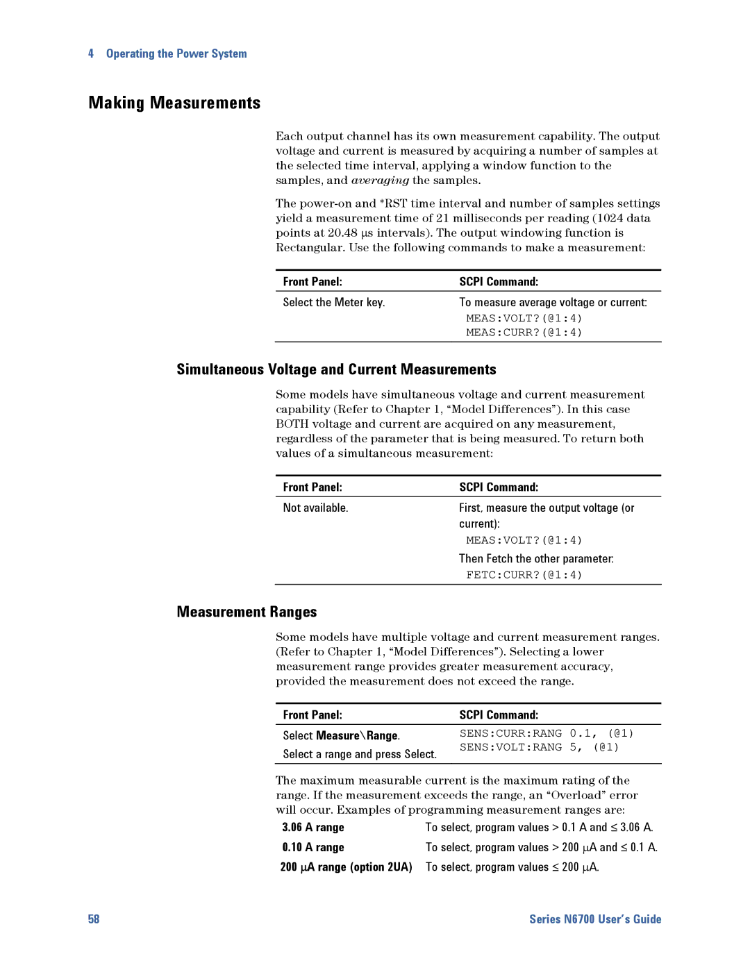 Agilent Technologies N6700 manual Making Measurements, Simultaneous Voltage and Current Measurements, Measurement Ranges 