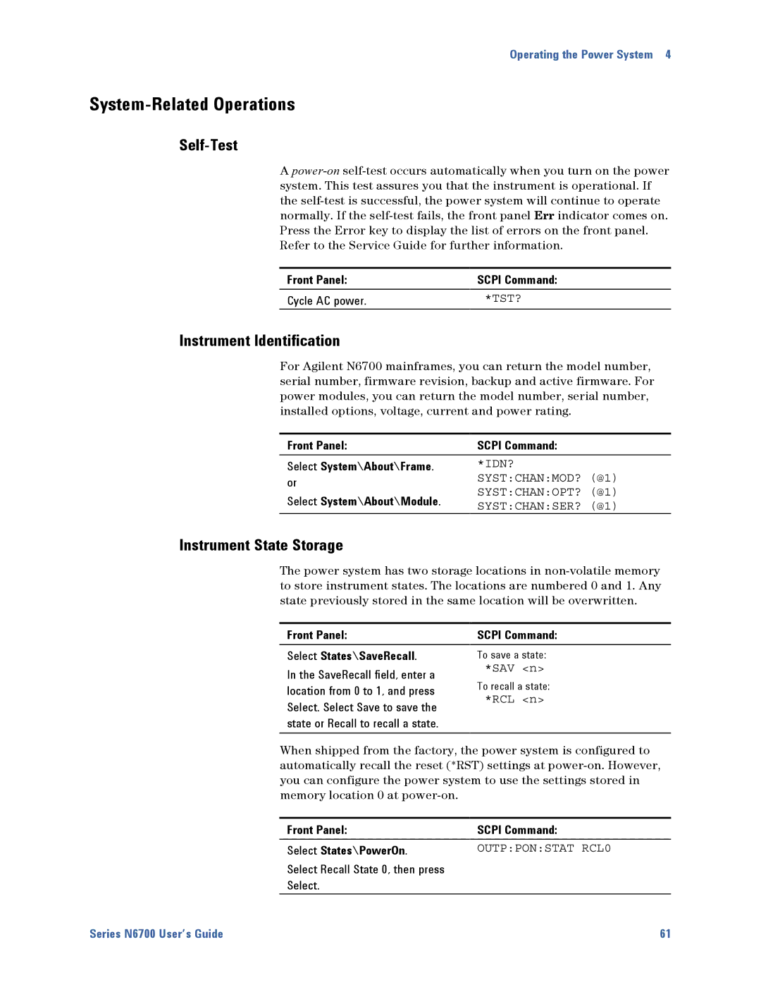 Agilent Technologies N6700 manual System-Related Operations, Self-Test, Instrument Identification, Instrument State Storage 