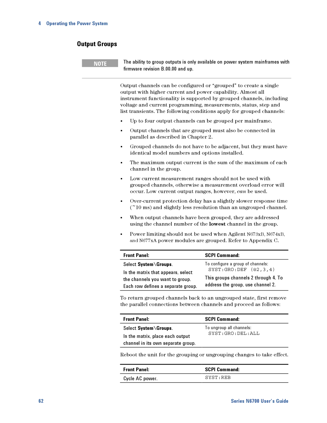 Agilent Technologies N6700 manual Output Groups, Front Panel Scpi Command Select System\Groups, Systgrodelall, Systreb 