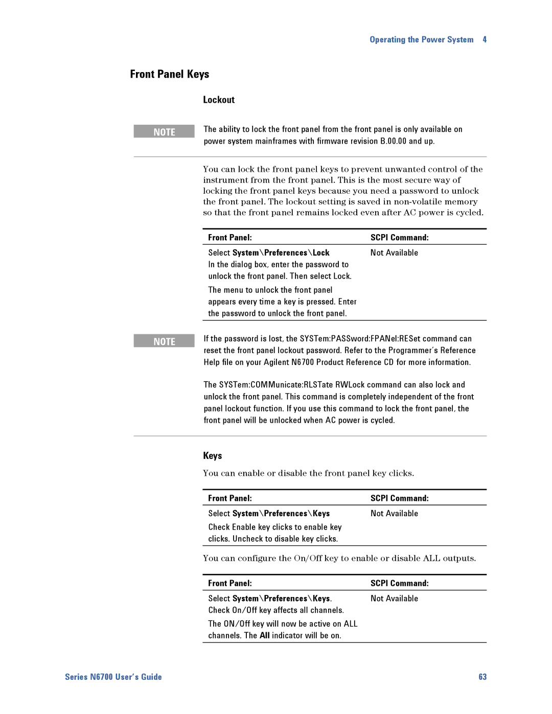 Agilent Technologies N6700 manual Front Panel Keys, Lockout, Front Panel Scpi Command Select System\Preferences\Lock 