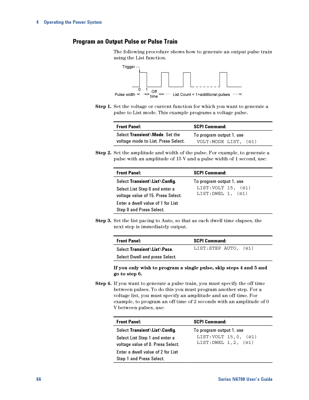 Agilent Technologies N6700 manual Program an Output Pulse or Pulse Train, Voltmode LIST, @1, Select Dwell and press Select 