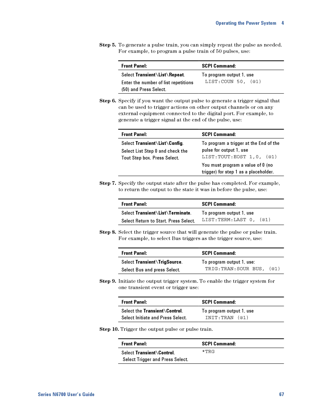 Agilent Technologies N6700 manual Front Panel Scpi Command Select Transient\List\Repeat, Trigtransour BUS, @1, Inittran @1 