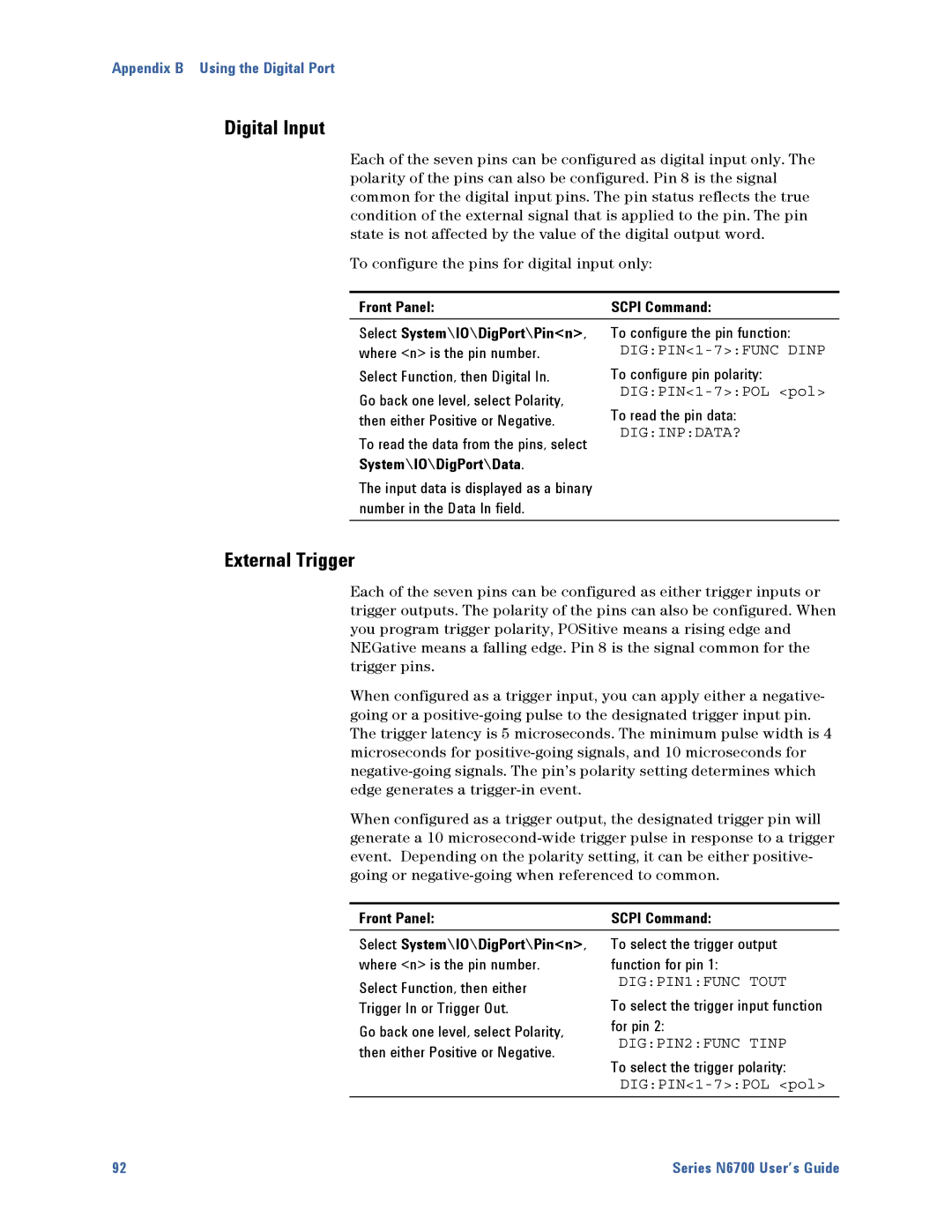 Agilent Technologies N6700 manual Digital Input, External Trigger, Front Panel Scpi Command Select System\IO\DigPort\Pinn 