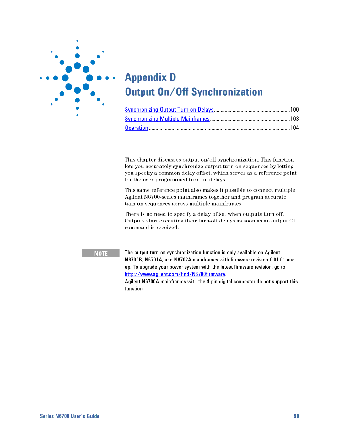 Agilent Technologies N6700 manual Appendix D Output On/Off Synchronization 