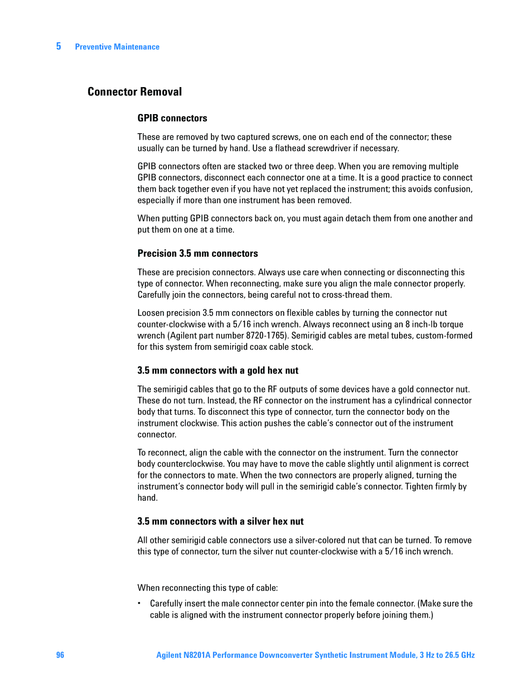 Agilent Technologies N8201A manual Connector Removal, Gpib connectors, Precision 3.5 mm connectors 