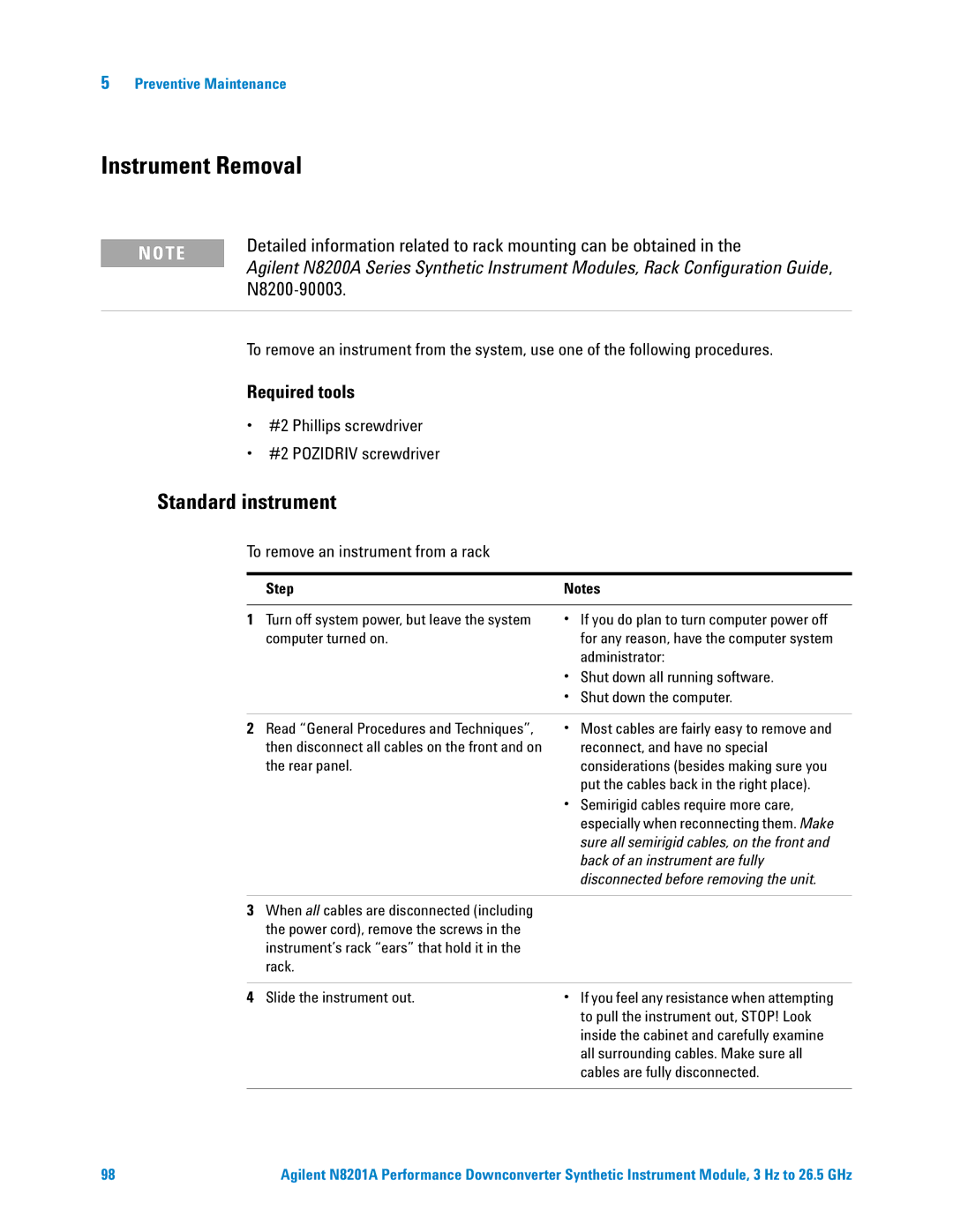 Agilent Technologies N8201A manual Instrument Removal, Standard instrument, Required tools 