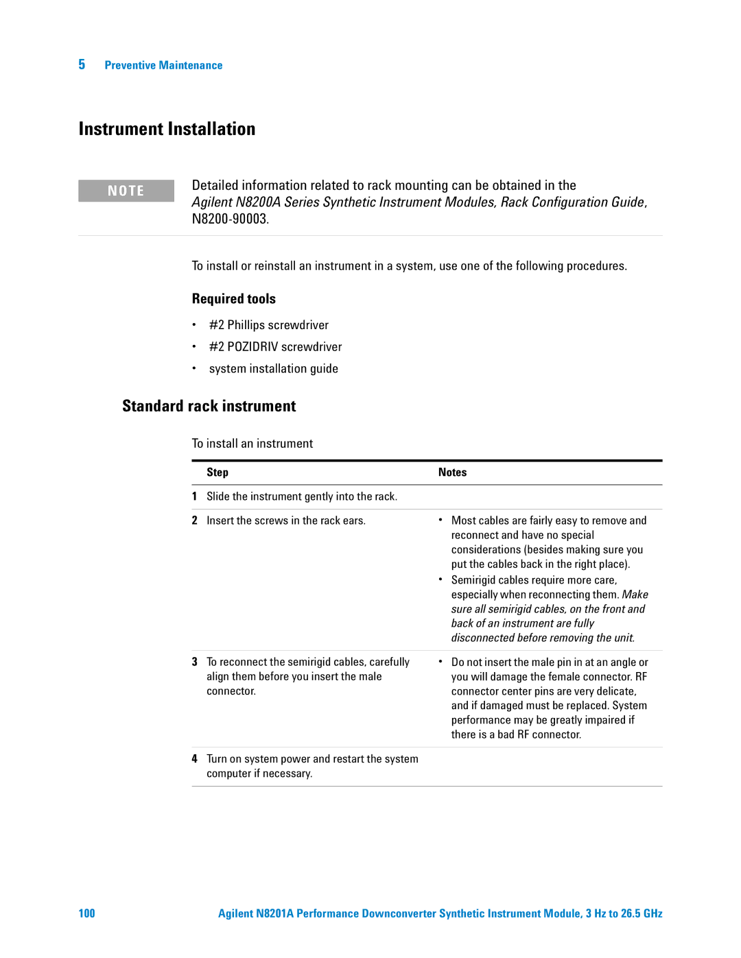 Agilent Technologies N8201A manual Instrument Installation, Standard rack instrument, To install an instrument 