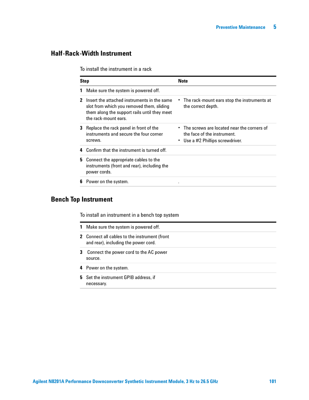 Agilent Technologies N8201A manual To install the instrument in a rack, To install an instrument in a bench top system 