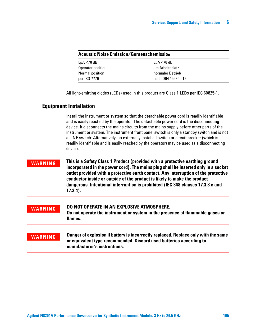 Agilent Technologies N8201A manual Equipment Installation, Acoustic Noise Emission/Geraeuschemission, 17.3.4, Flames 