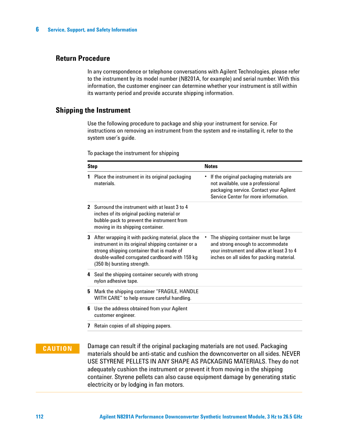 Agilent Technologies N8201A manual Return Procedure, Shipping the Instrument 