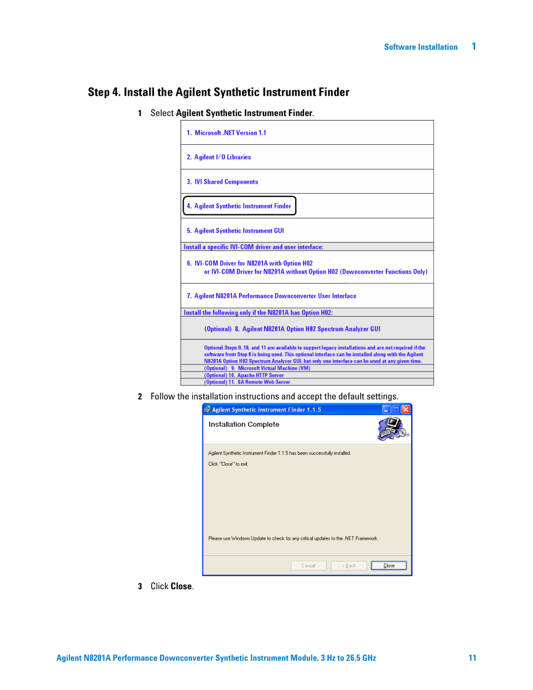 Agilent Technologies N8201A Install the Agilent Synthetic Instrument Finder, Select Agilent Synthetic Instrument Finder 