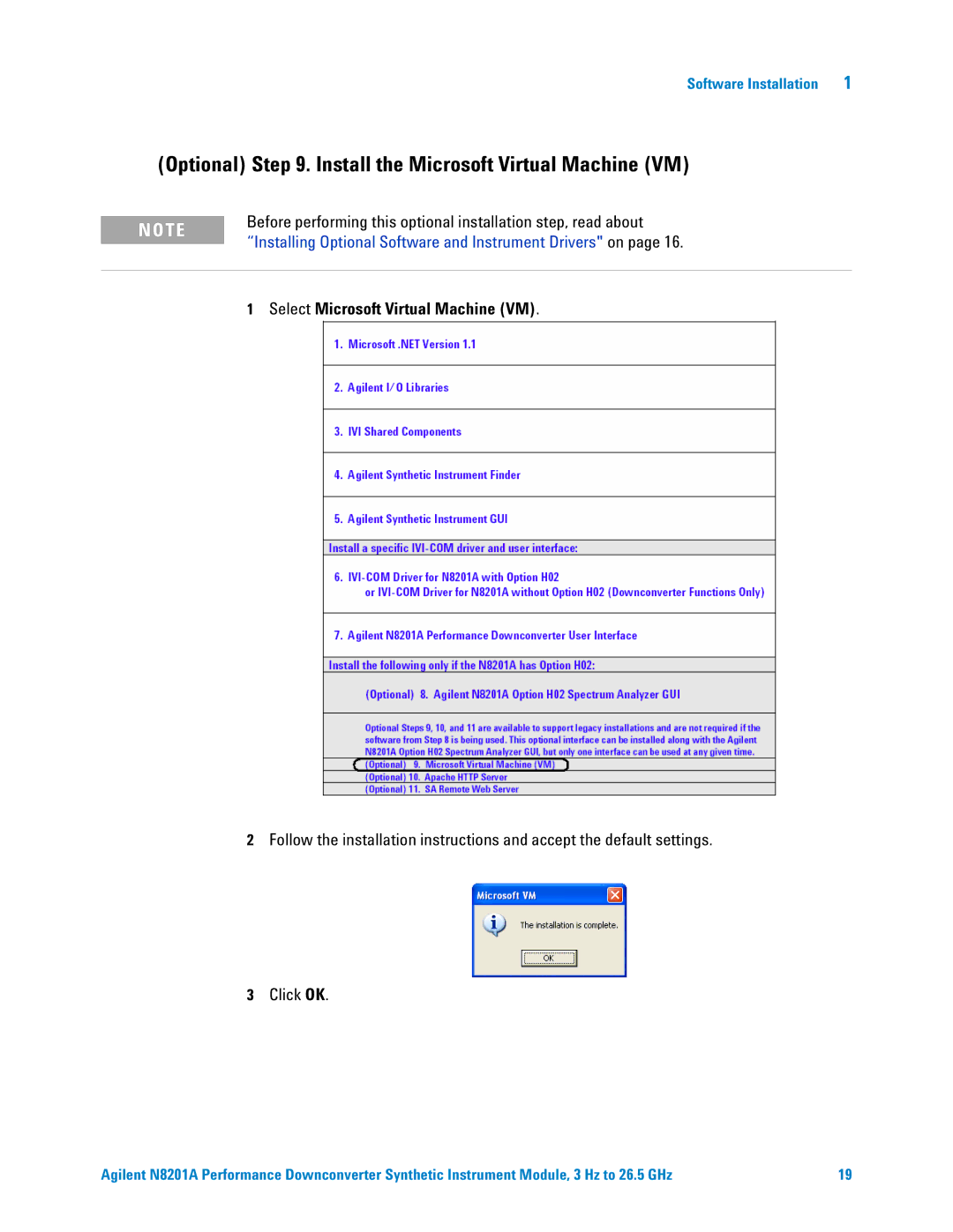 Agilent Technologies N8201A manual Optional . Install the Microsoft Virtual Machine VM, Select Microsoft Virtual Machine VM 