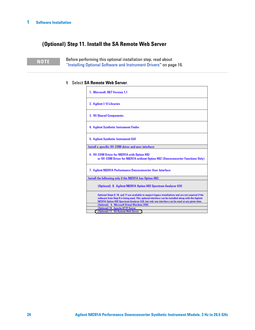 Agilent Technologies N8201A manual Optional . Install the SA Remote Web Server, Select SA Remote Web Server 