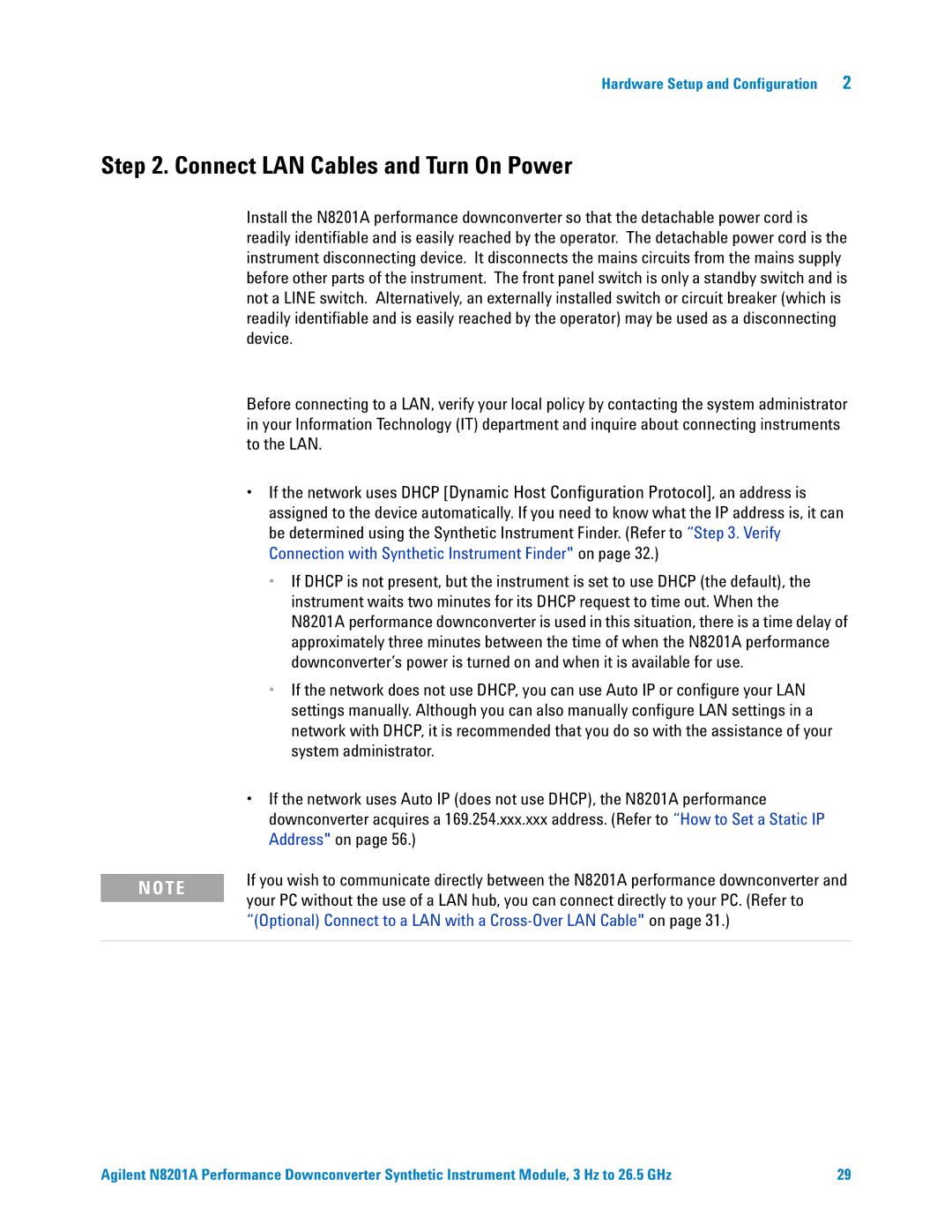 Agilent Technologies N8201A Connect LAN Cables and Turn On Power, Optional Connect to a LAN with a Cross-Over LAN Cable on 