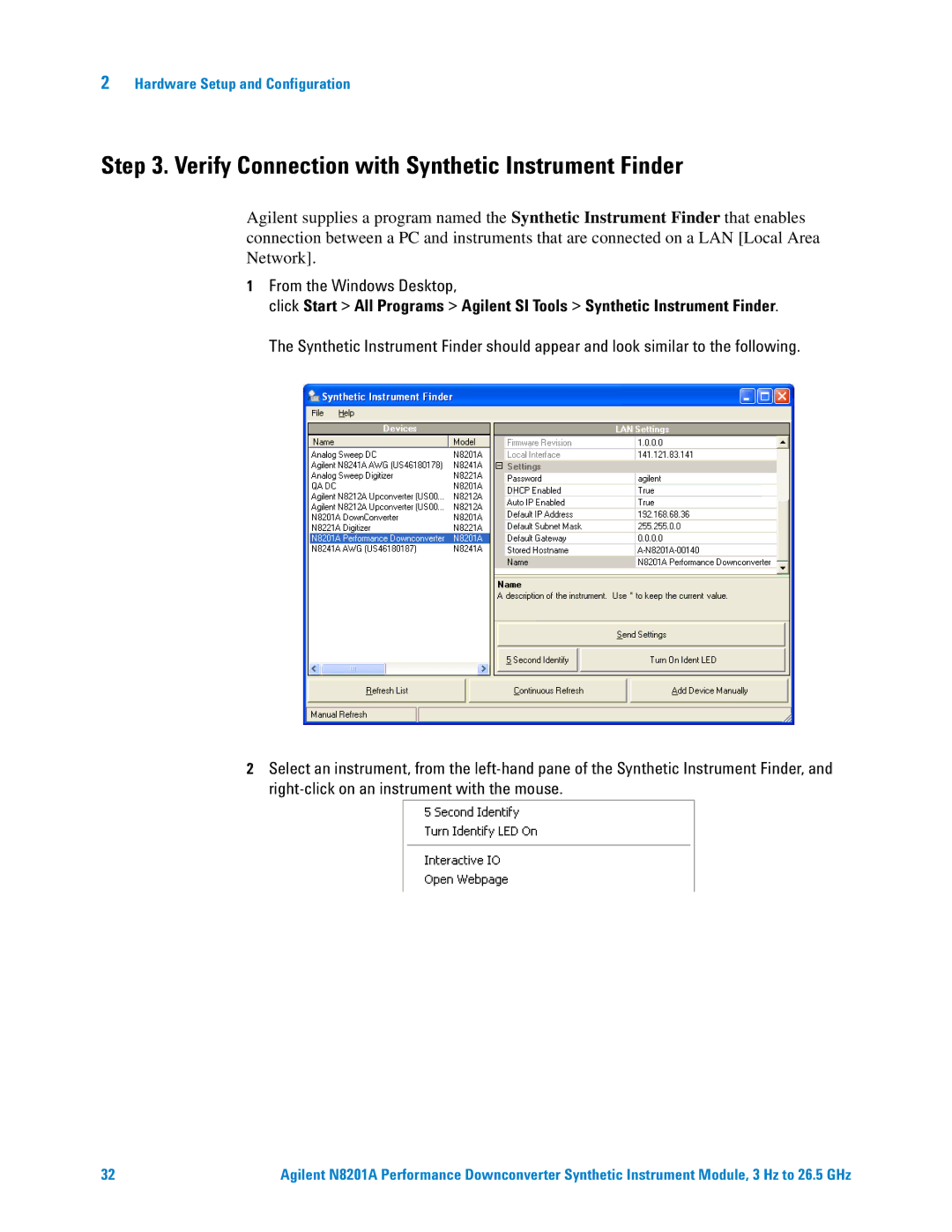 Agilent Technologies N8201A manual Verify Connection with Synthetic Instrument Finder, From the Windows Desktop 