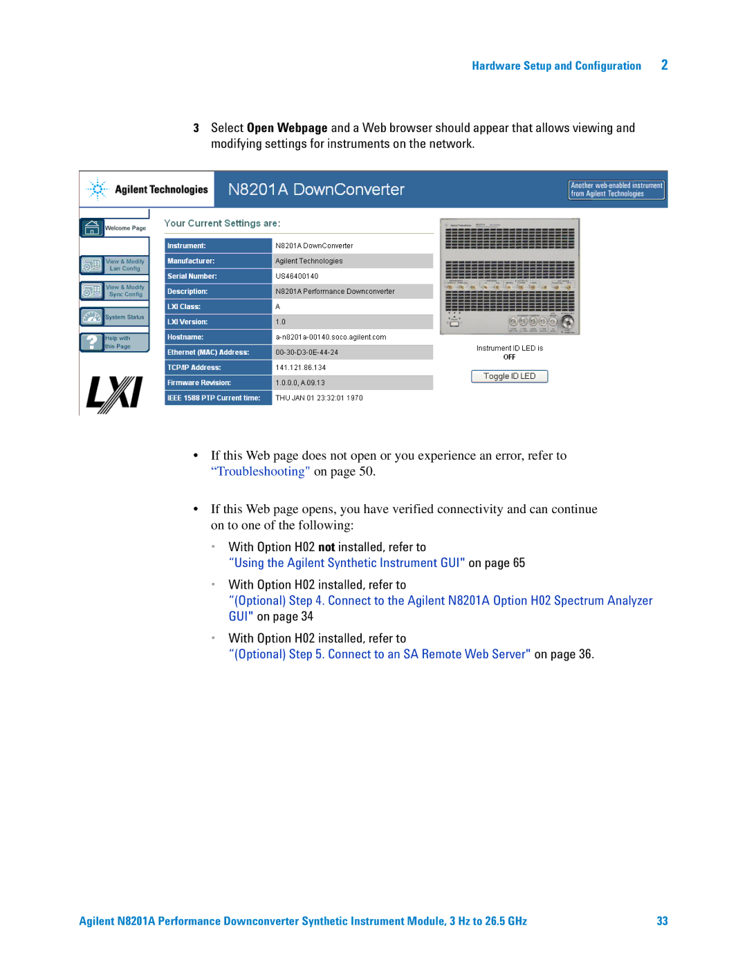 Agilent Technologies N8201A manual With Option H02 not installed, refer to, Using the Agilent Synthetic Instrument GUI on 