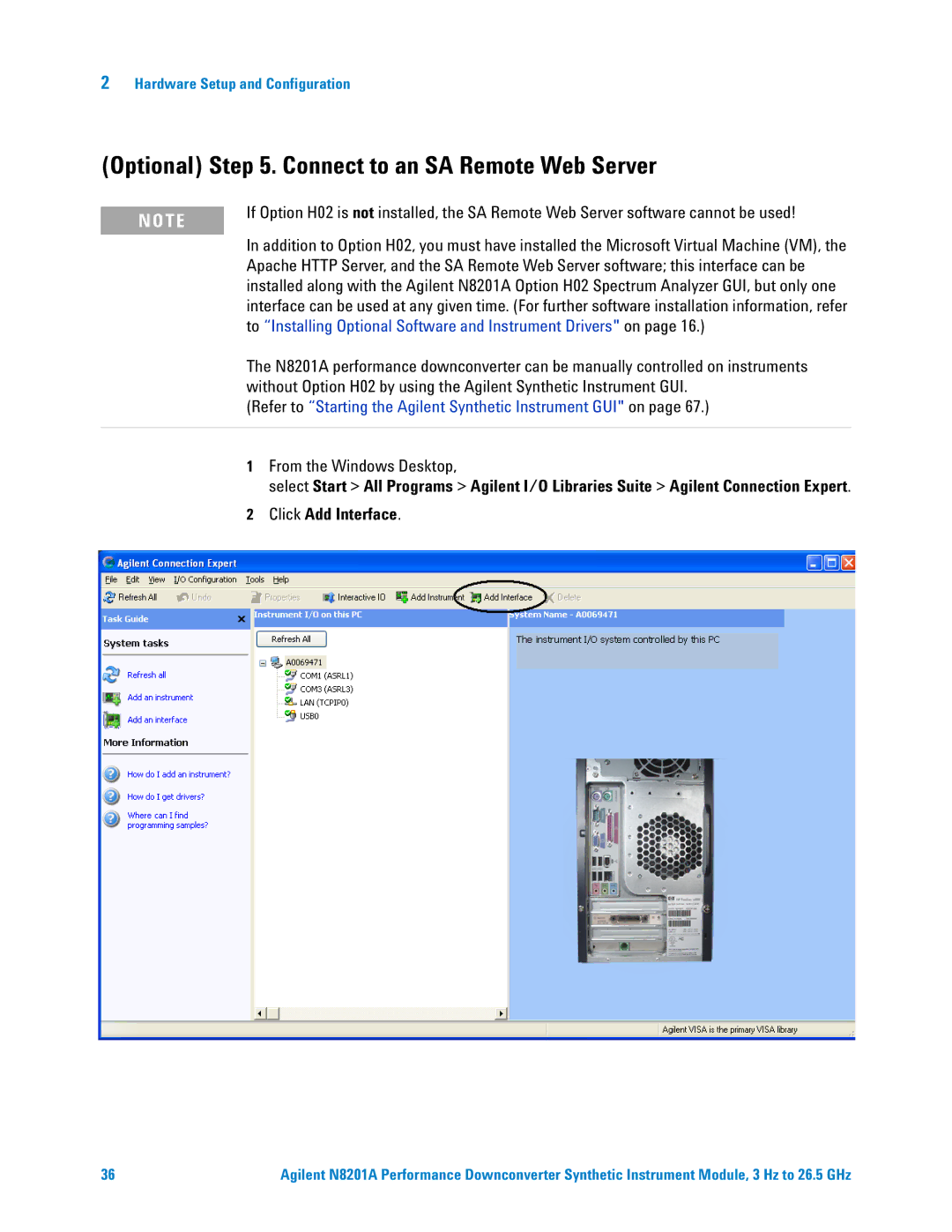 Agilent Technologies N8201A manual Optional . Connect to an SA Remote Web Server, Click Add Interface 