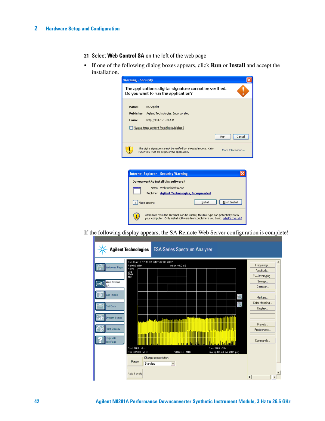 Agilent Technologies N8201A manual Select Web Control SA on the left of the web 