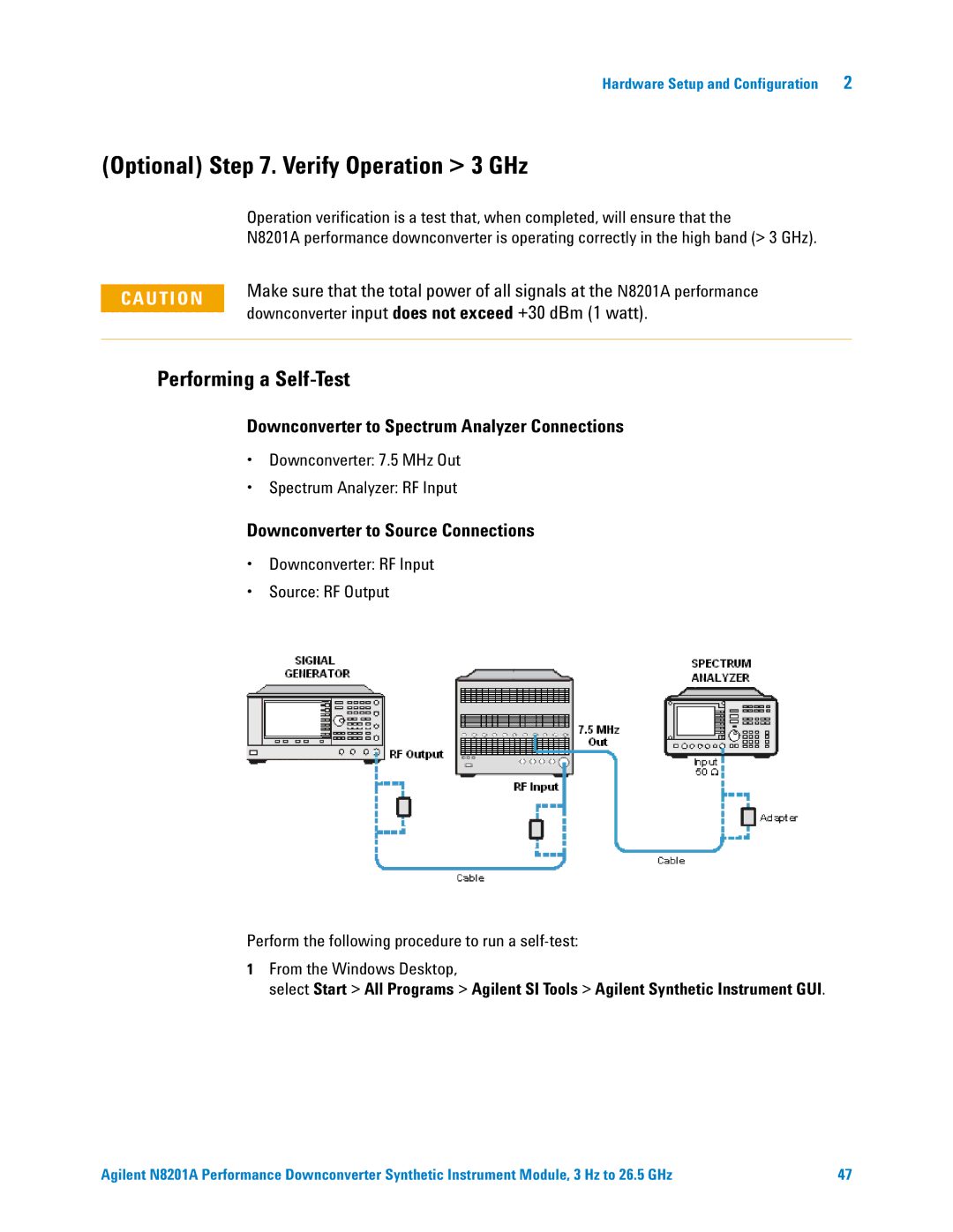 Agilent Technologies N8201A manual Downconverter to Spectrum Analyzer Connections, Downconverter to Source Connections 