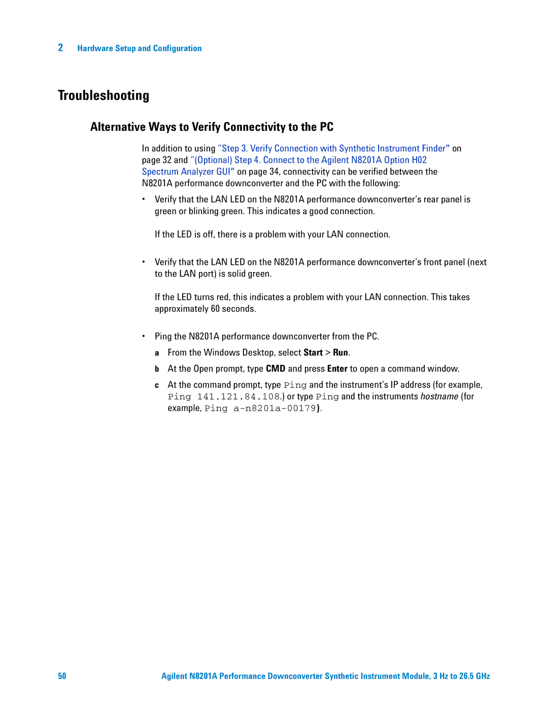 Agilent Technologies N8201A manual Troubleshooting, Alternative Ways to Verify Connectivity to the PC 