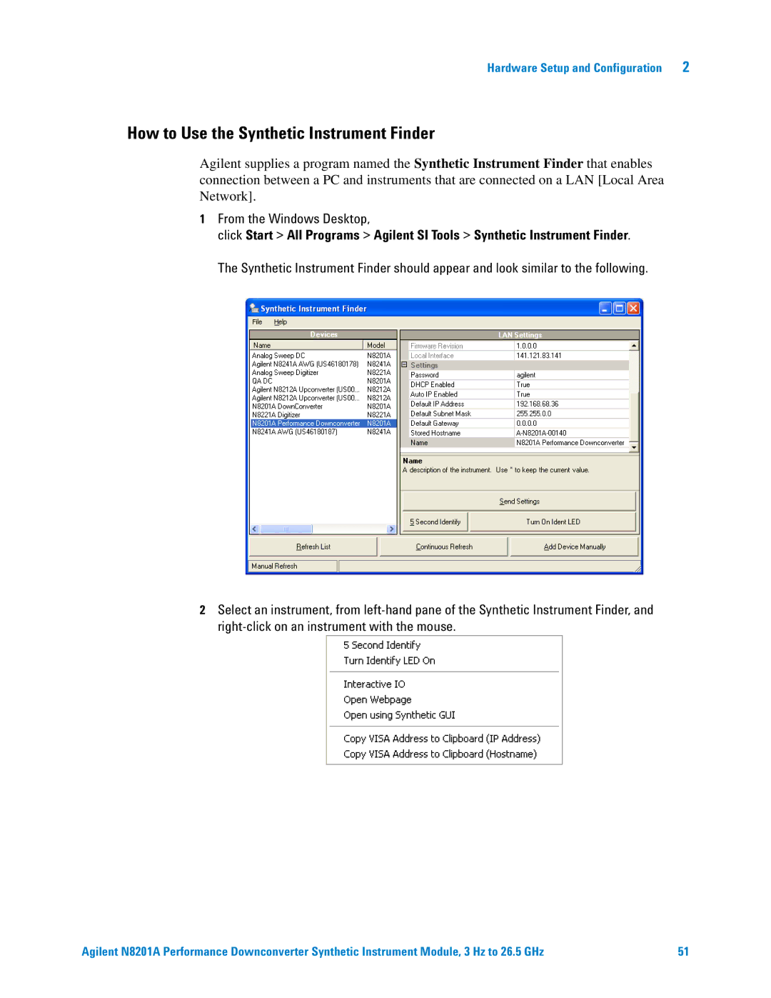 Agilent Technologies N8201A manual How to Use the Synthetic Instrument Finder, From the Windows Desktop 