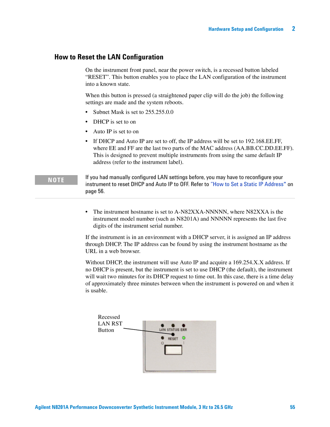 Agilent Technologies N8201A manual How to Reset the LAN Configuration, Lan Rst 