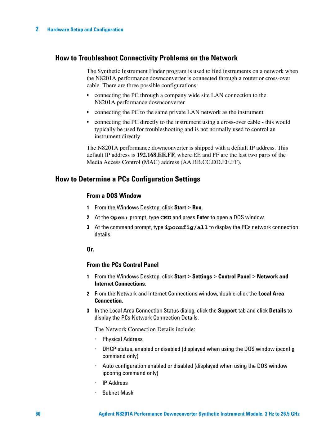 Agilent Technologies N8201A manual How to Troubleshoot Connectivity Problems on the Network, From a DOS Window 