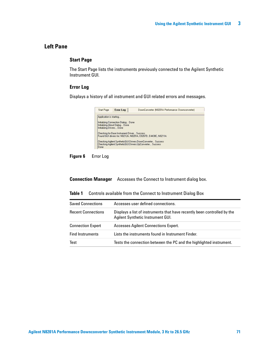 Agilent Technologies N8201A manual Start, Error Log 