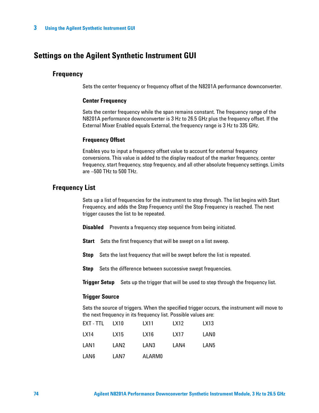 Agilent Technologies N8201A manual Settings on the Agilent Synthetic Instrument GUI, Frequency List 