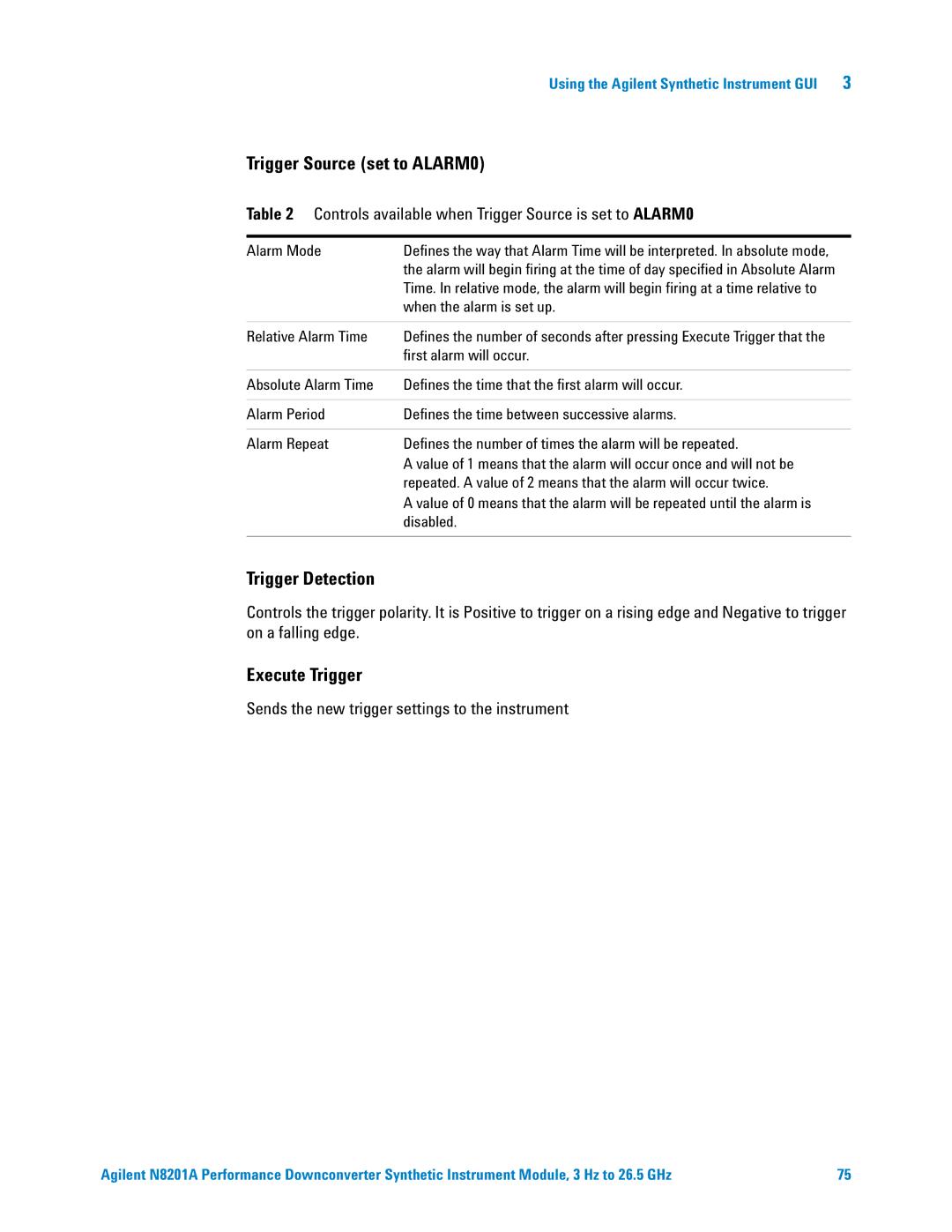 Agilent Technologies N8201A manual Trigger Source set to ALARM0, Trigger Detection, Execute Trigger 