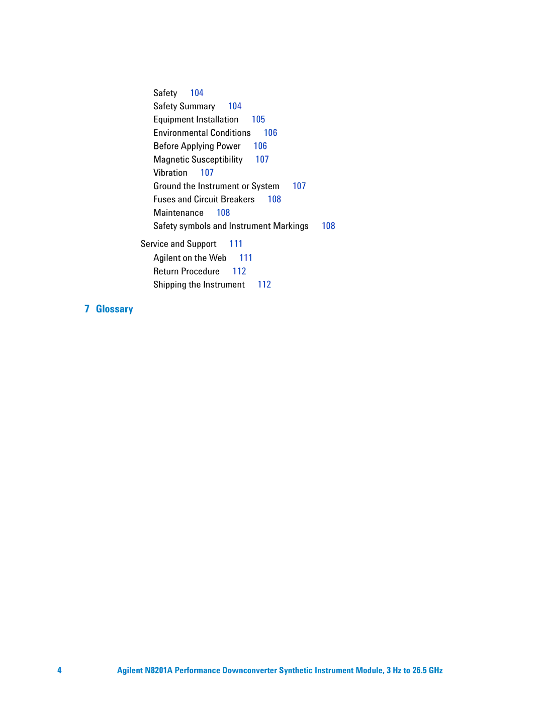 Agilent Technologies N8201A manual 106, 107, Service and Support, 111, 112 