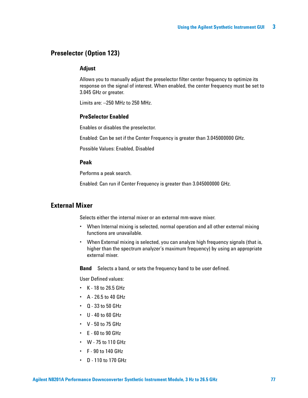 Agilent Technologies N8201A manual Preselector Option, External Mixer, Adjust, PreSelector Enabled, Peak 