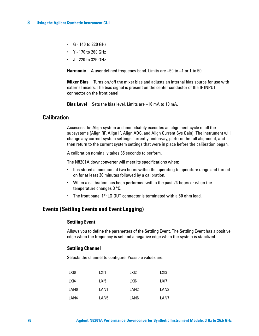 Agilent Technologies N8201A manual Calibration, Events Settling Events and Event Logging, Settling Channel 