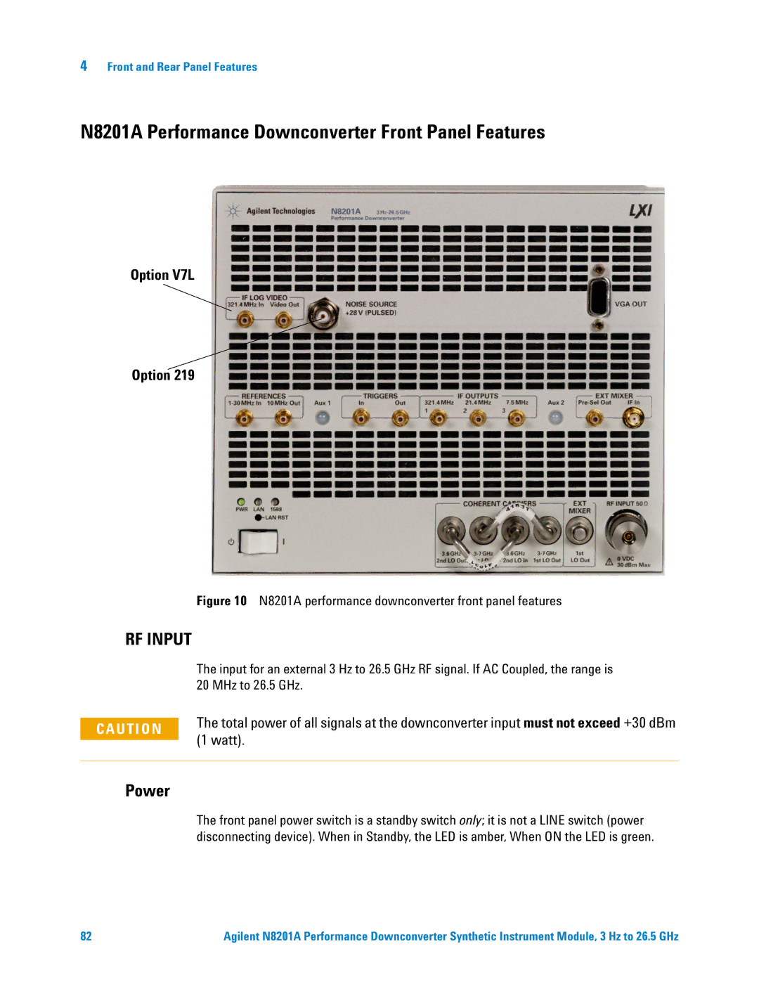 Agilent Technologies manual N8201A Performance Downconverter Front Panel Features, Power, Option V7L 