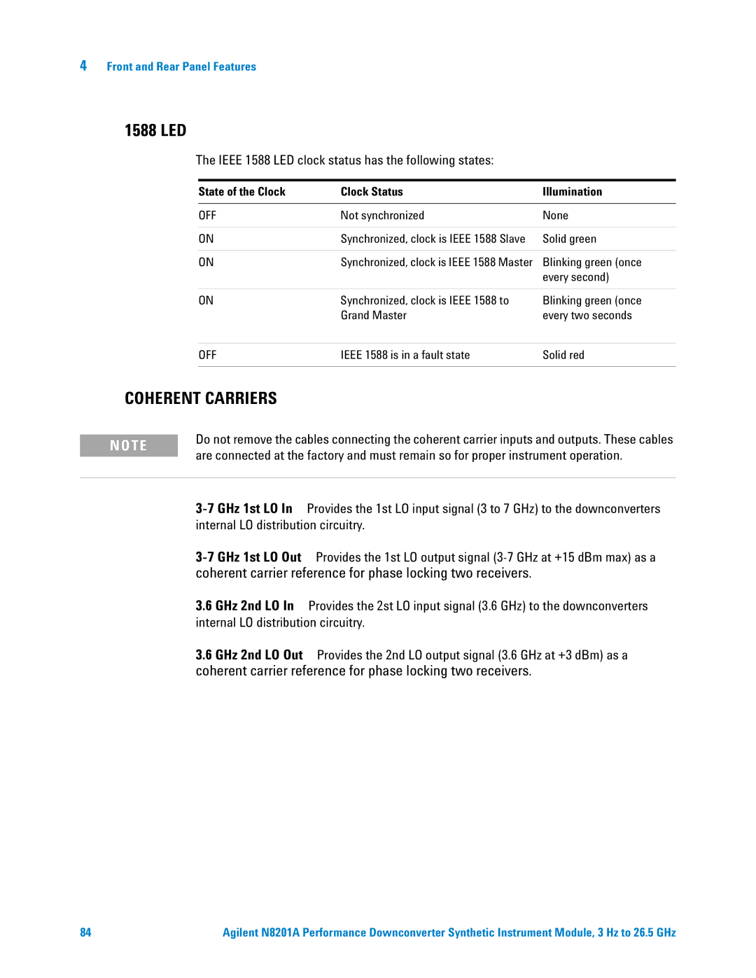 Agilent Technologies N8201A manual Ieee 1588 LED clock status has the following states 