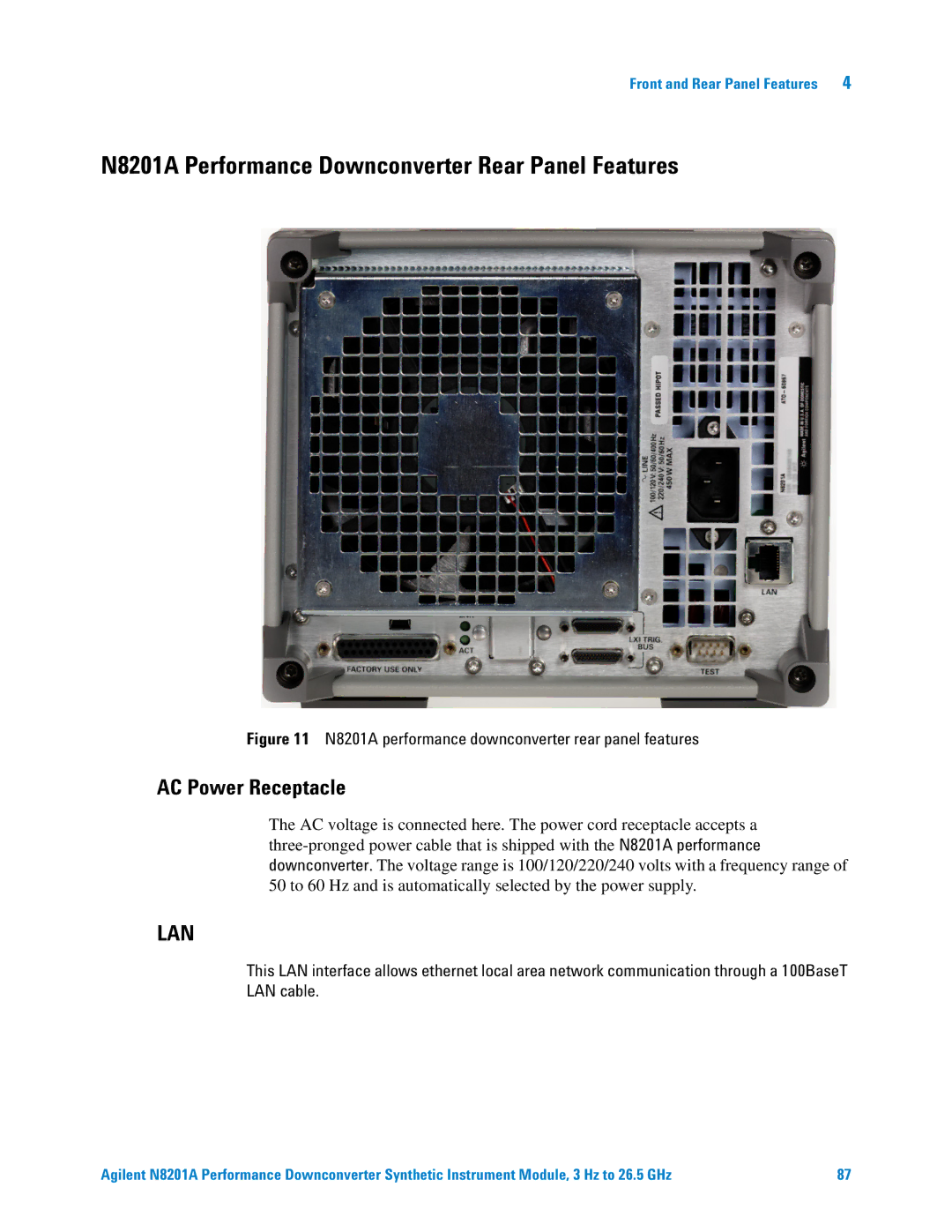 Agilent Technologies manual N8201A Performance Downconverter Rear Panel Features, AC Power Receptacle 