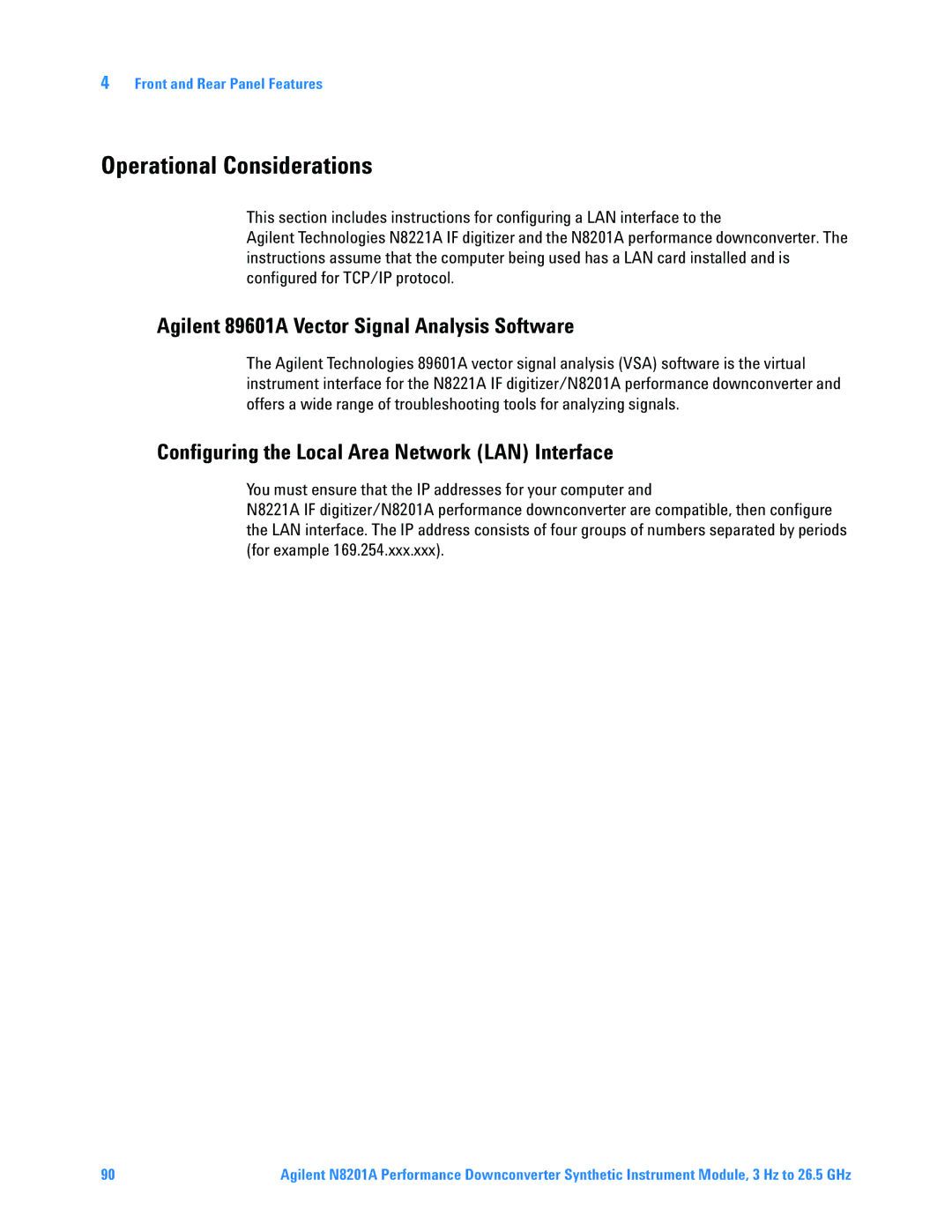 Agilent Technologies N8201A manual Operational Considerations, Agilent 89601A Vector Signal Analysis Software 