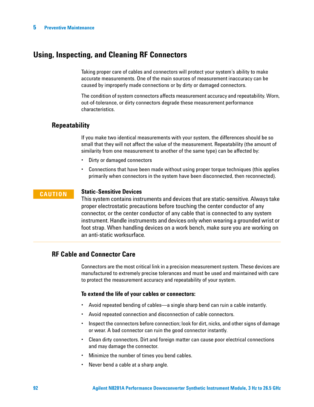 Agilent Technologies N8201A Using, Inspecting, and Cleaning RF Connectors, Repeatability, RF Cable and Connector Care 