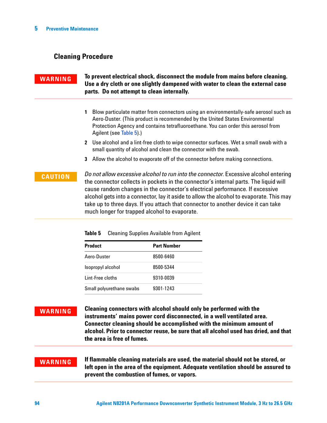 Agilent Technologies N8201A manual Cleaning Procedure, Parts. Do not attempt to clean internally, Area is free of fumes 