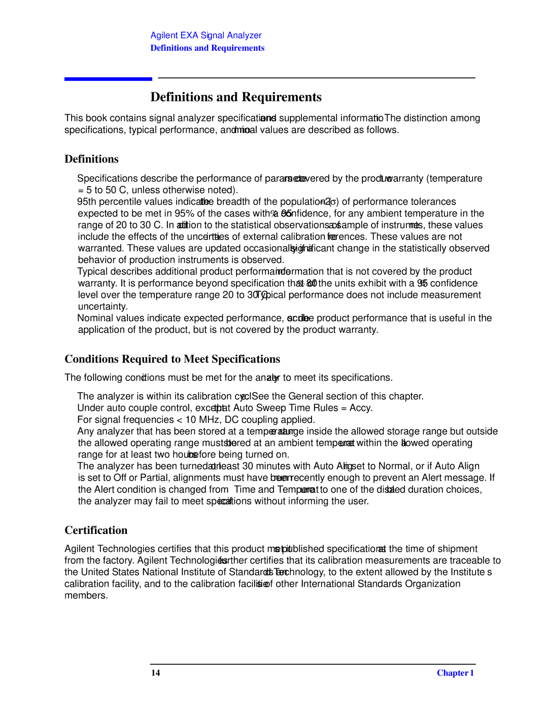 Agilent Technologies N9010A specifications Definitions and Requirements 