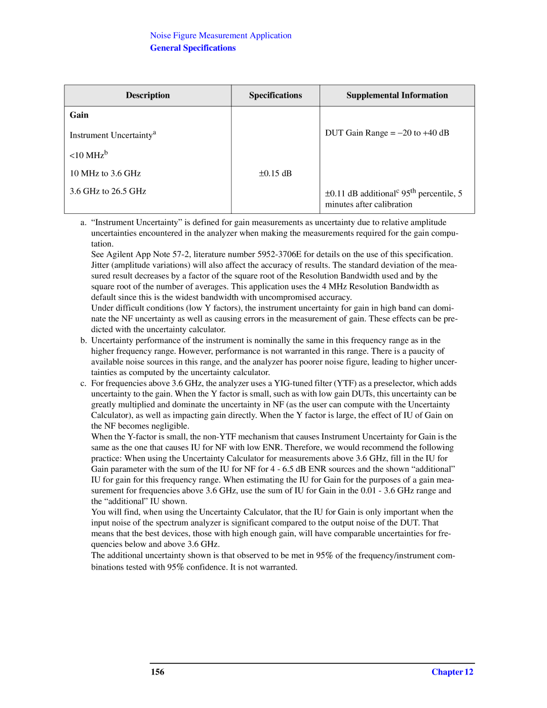 Agilent Technologies N9010A specifications Description Specifications Supplemental Information Gain, 156 