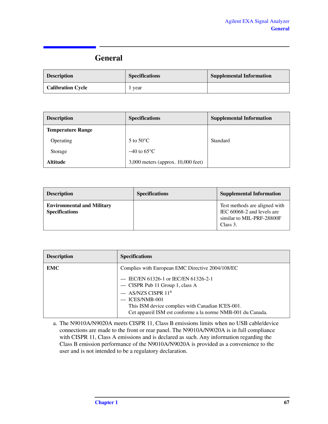 Agilent Technologies N9010A specifications General, Altitude, Description Specifications 