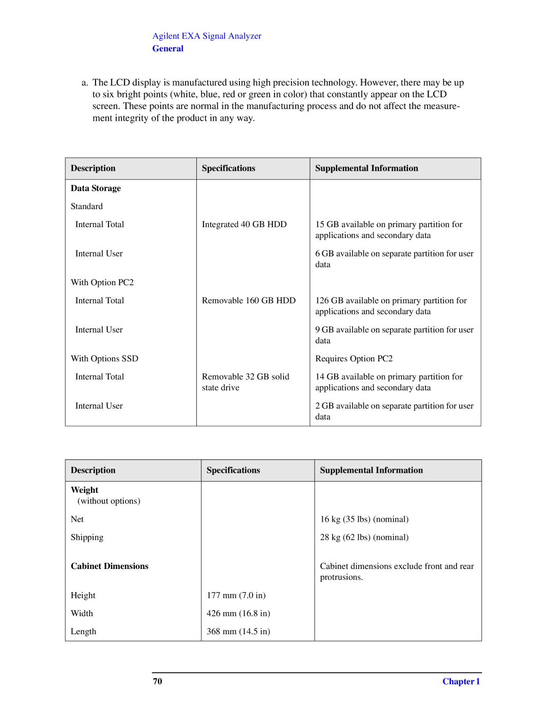 Agilent Technologies N9010A specifications Description Specifications Supplemental Information Weight, Cabinet Dimensions 