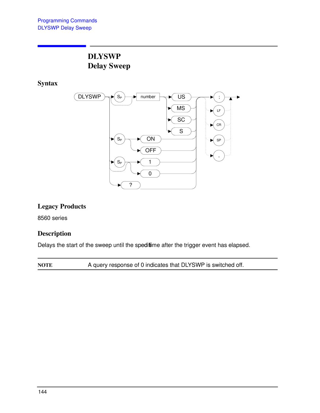 Agilent Technologies N9030a manual Delay Sweep, Query response of 0 indicates that Dlyswp is switched off 