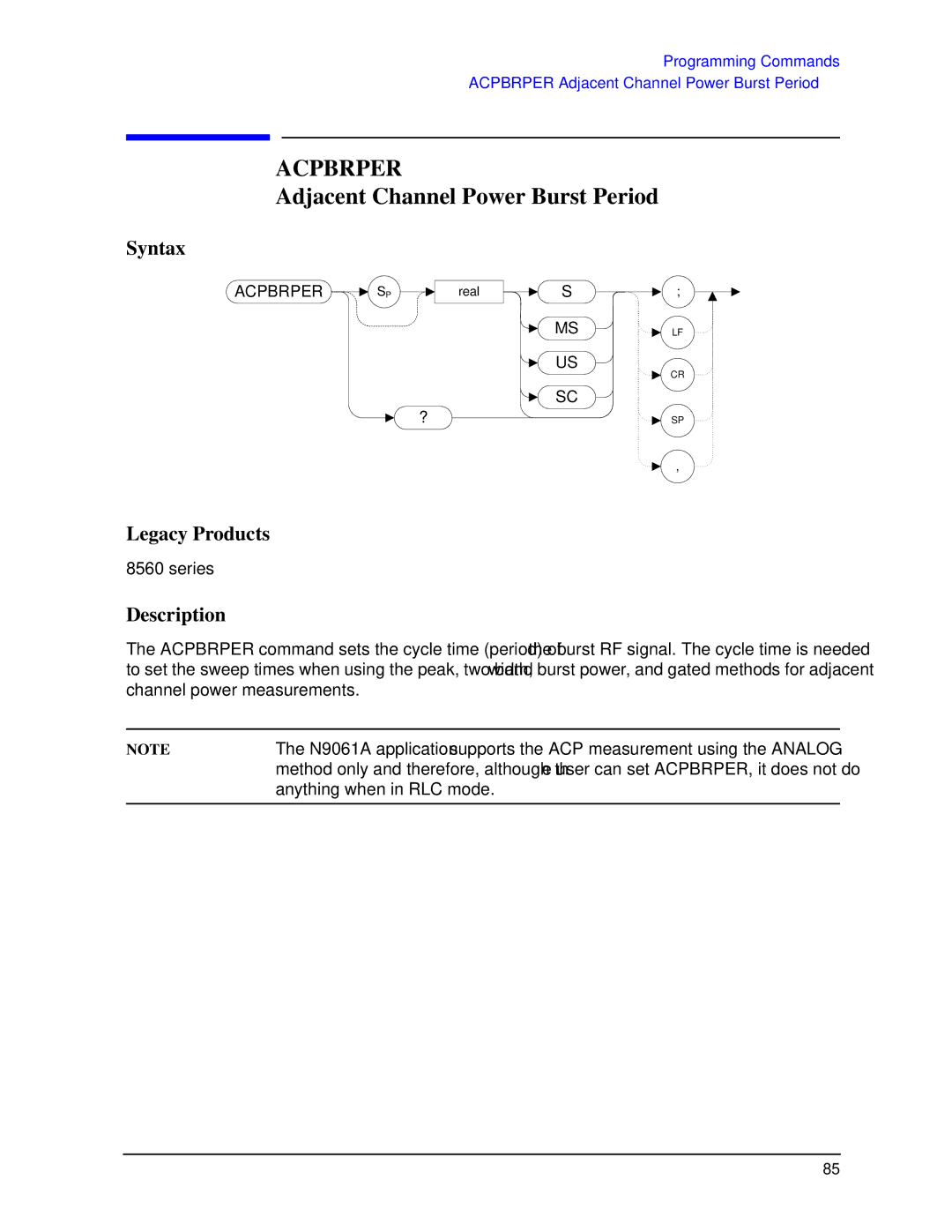 Agilent Technologies N9030a manual Acpbrper, Adjacent Channel Power Burst Period 